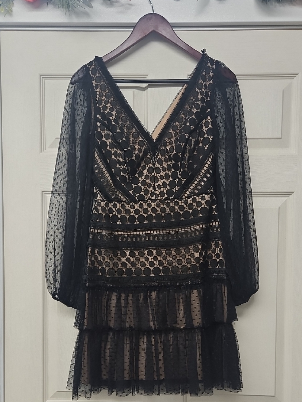 BCBGMaxAzria Black Lace Overlay Dress with Nude Lining